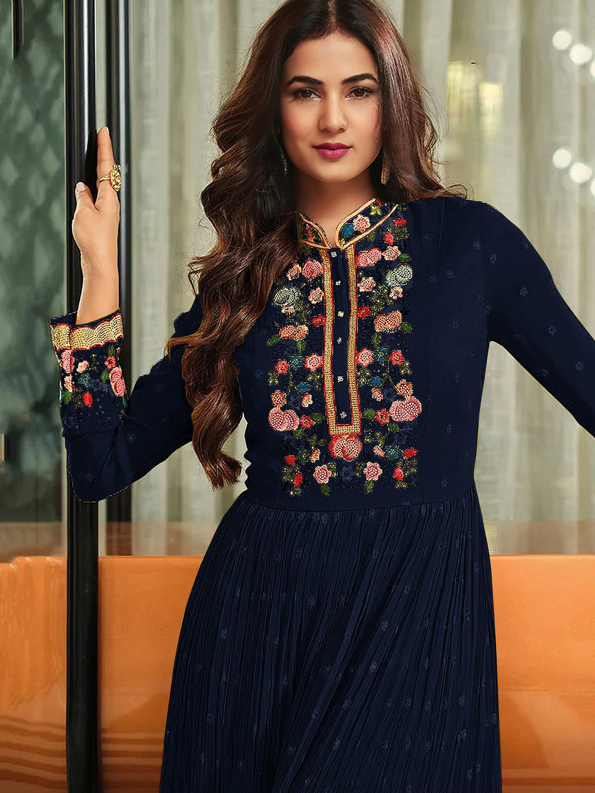 Odette Women Faux Georgette Party Wear Salwar Kameez In Navy Blue Semi Stitched Anarkali - Image 2
