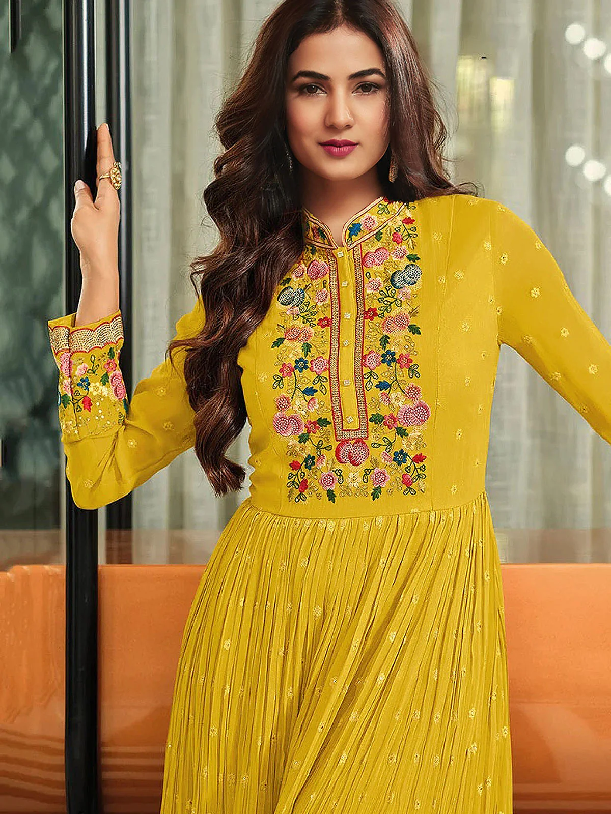 Odette Women Faux Georgette Party Wear Salwar Kameez In Yellow Semi Stitched Anarkali - Image 2