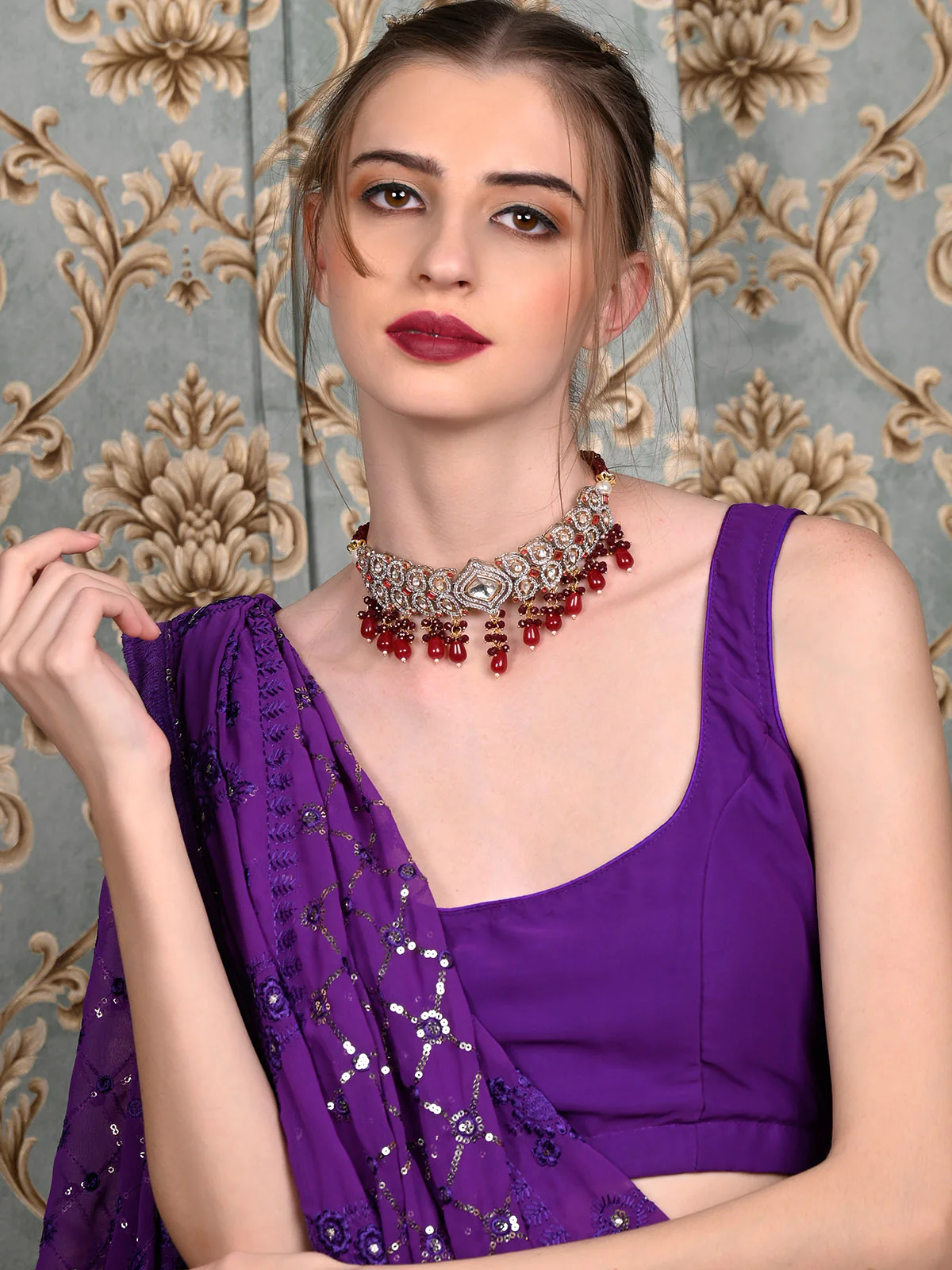 Odette Women Faux Maroon And White Stones Studded Choker Necklace Set - Image 2