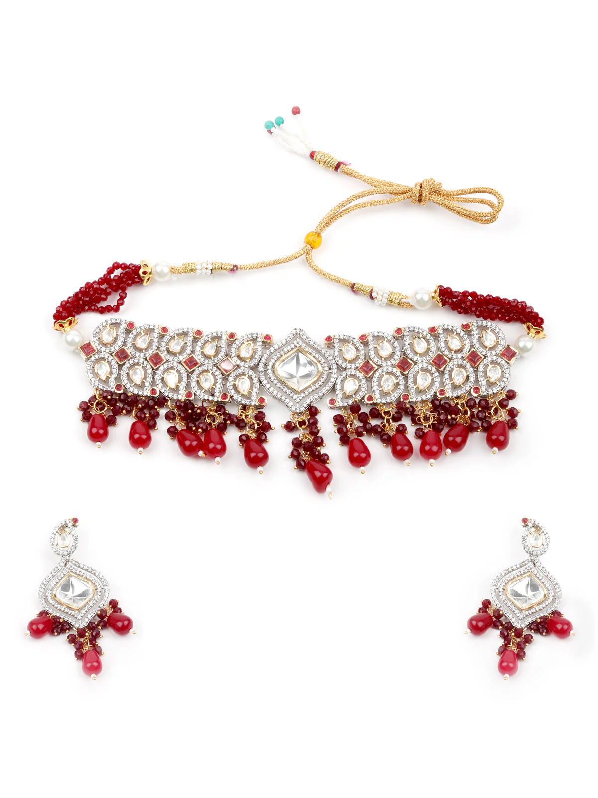 Odette Women Faux Maroon And White Stones Studded Choker Necklace Set - Image 3