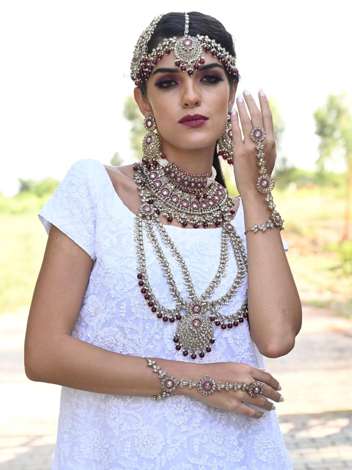 Odette Women Faux Pearl And Kundan Three Layered Jewelry Set - Image 2