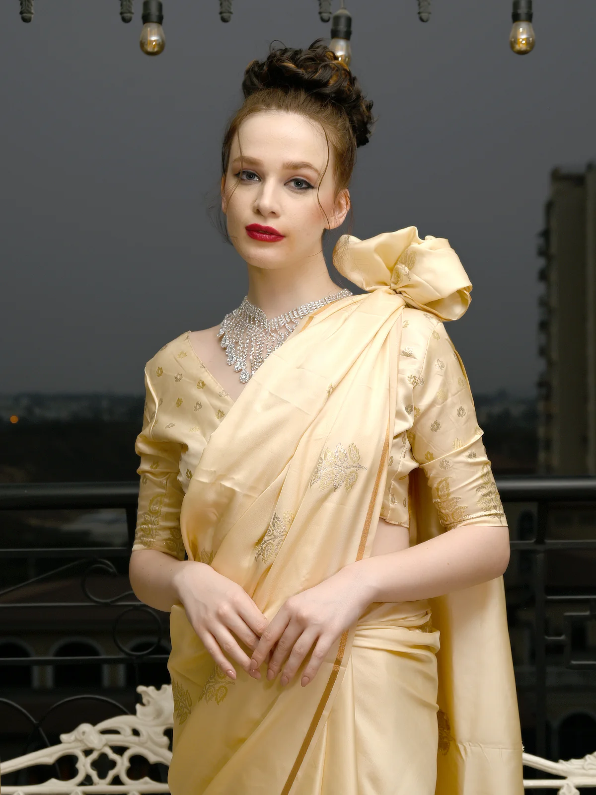 Odette Women Festive Beige Satin Printed Saree With Unstitched Blouse - Image 4