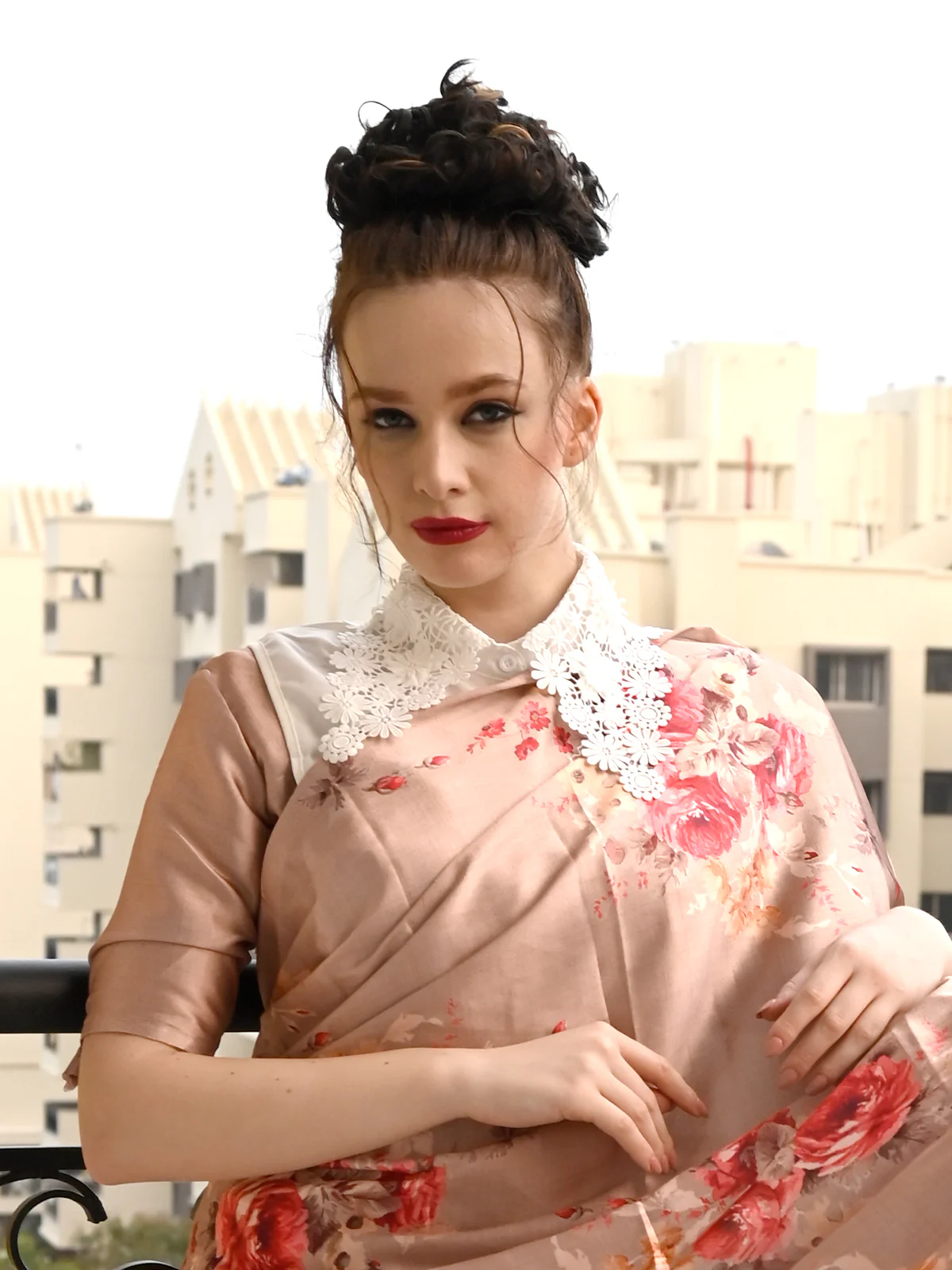 Odette Women Festive Beige Satin Printed Saree With Unstitched Blouse - Image 4