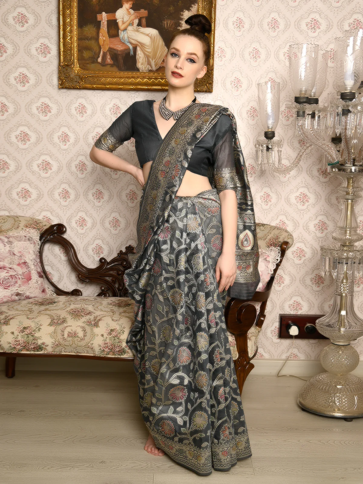 Odette Women Festive Black Silk Blend Woven Saree With Unstitched Blouse - Image 3