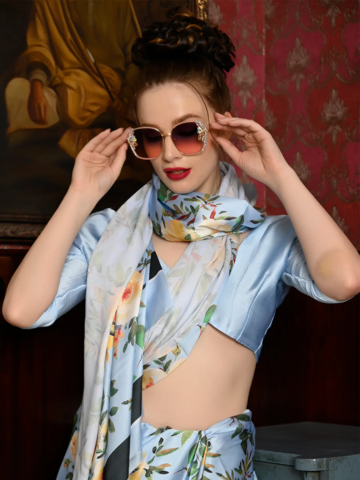 Odette Women Festive Blue Satin Printed Saree With Unstitched Blouse - Image 4