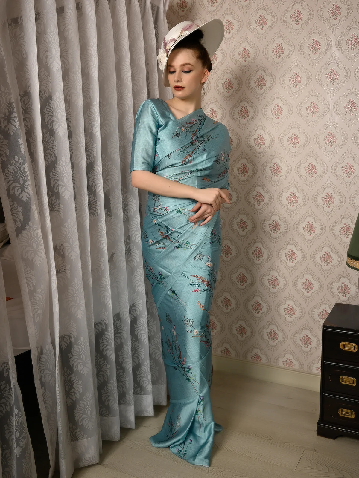 Odette Women Festive Blue Satin Printed Saree With Unstitched Blouse - Image 2