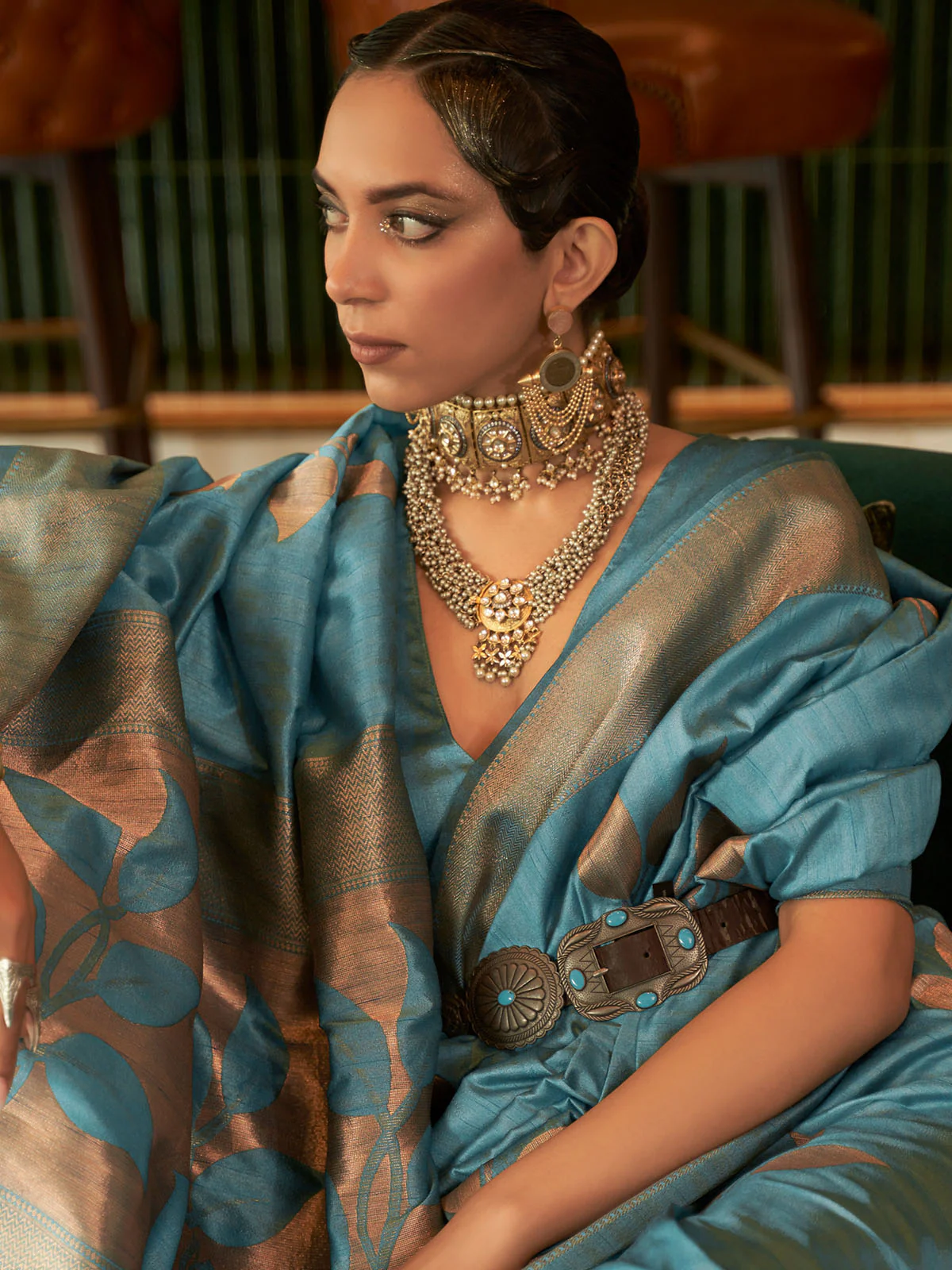 Odette Women Festive Blue Silk Blend Woven Saree With Unstitched Blouse - Image 2