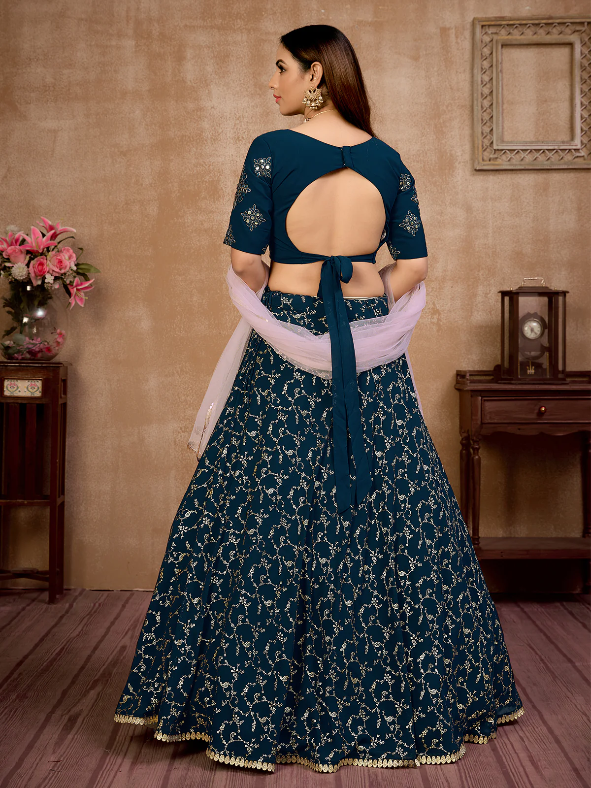 Odette Women Blue Semi Stitched Lehenga With  Unstitched Blouse - Image 4