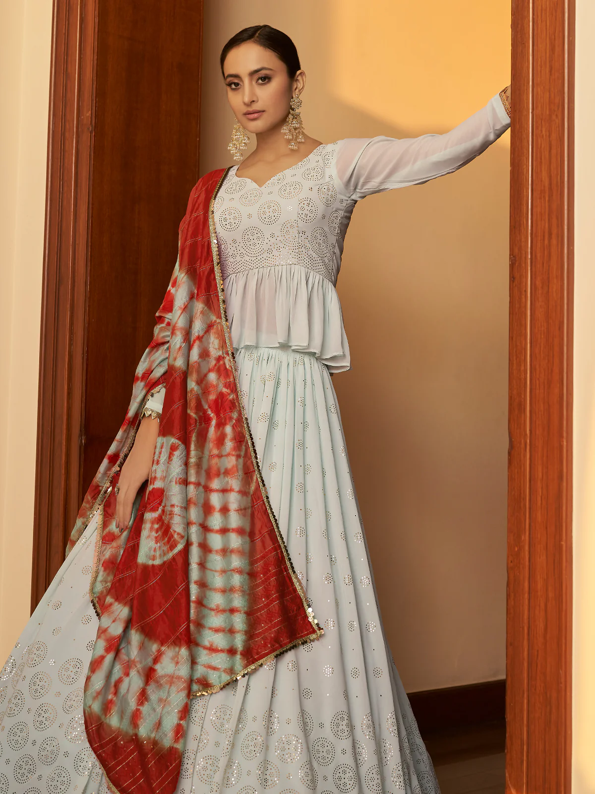 Odette Women Light Blue Semi Stitched Lehenga With  Unstitched Blouse - Image 2