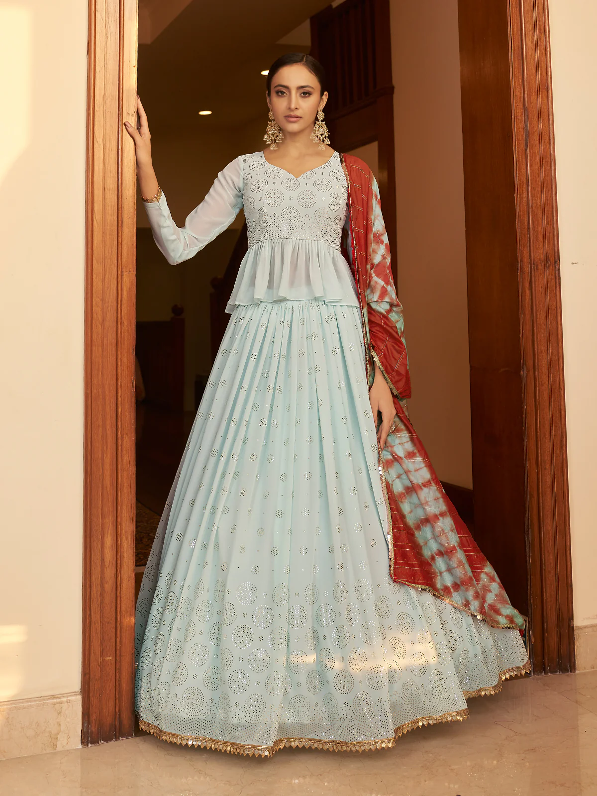Odette Women Light Blue Semi Stitched Lehenga With  Unstitched Blouse - Image 3