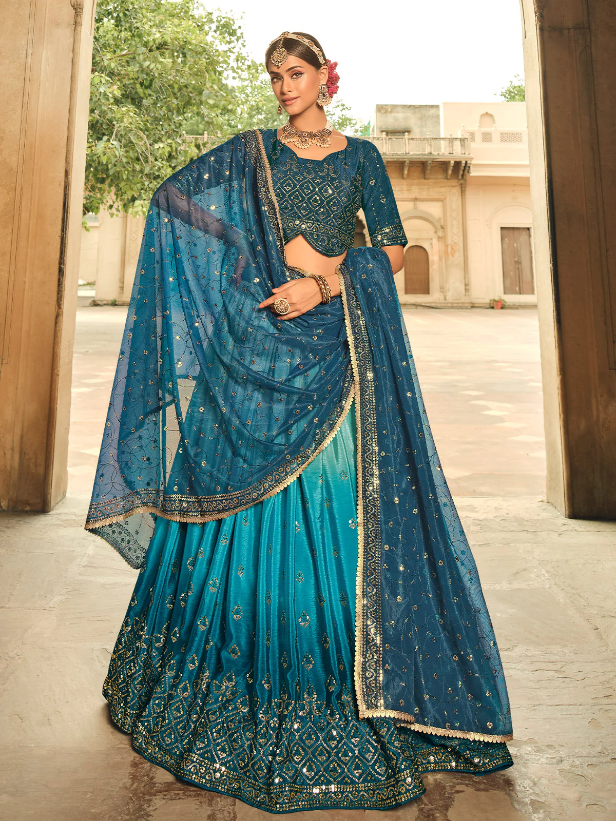Odette Women Blue Semi Stitched Lehenga With  Unstitched Blouse - Image 2
