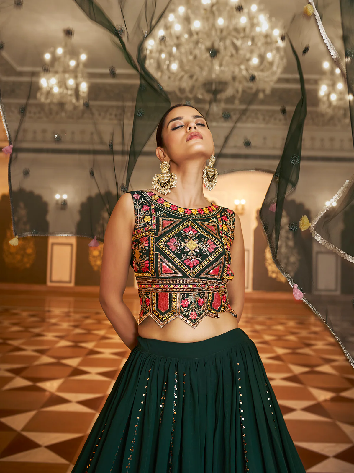 Odette Women Dark Green Semi Stitched Lehenga With  Unstitched Blouse - Image 3