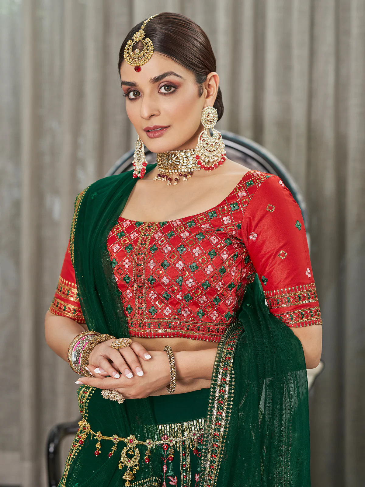 Odette Women Green Semi Stitched Lehenga With  Unstitched Blouse - Image 4