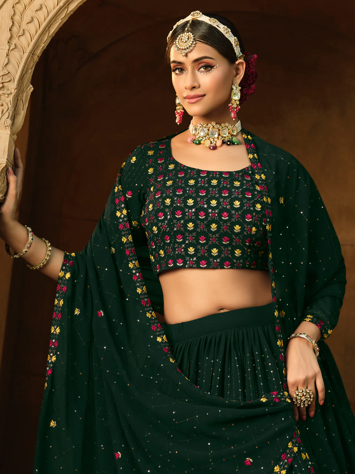 Odette Women Green Semi Stitched Lehenga With  Unstitched Blouse - Image 3