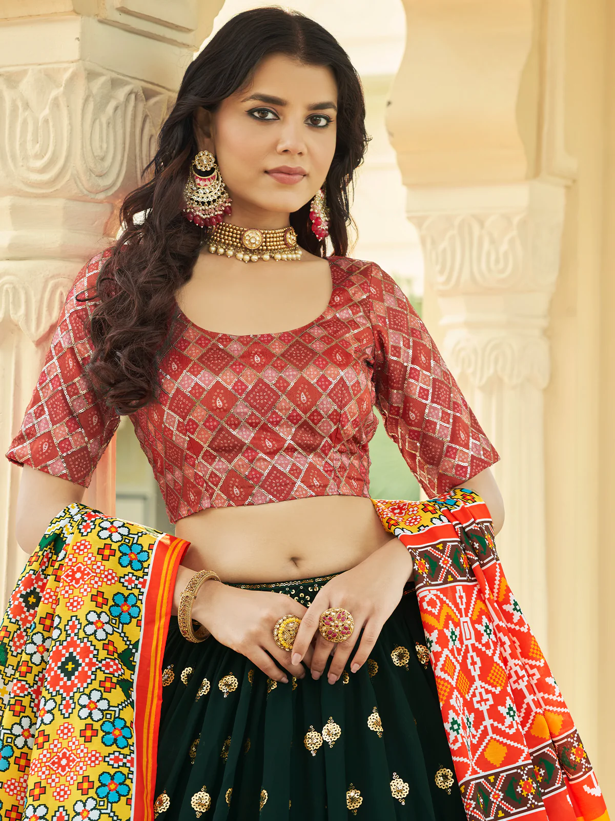 Odette Women Green Semi Stitched Lehenga With  Unstitched Blouse - Image 3