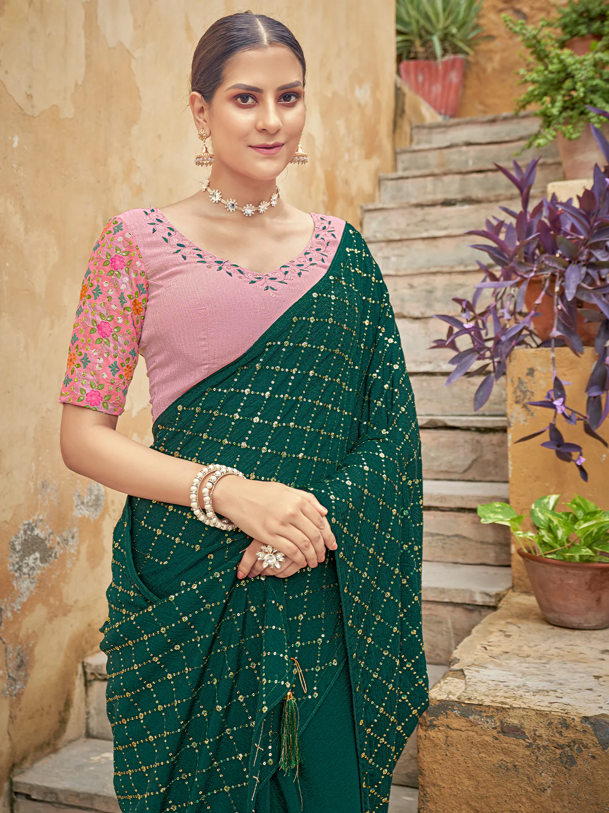 Odette Women Festive Designer Green Saree With Unstitched Blouse - Image 3