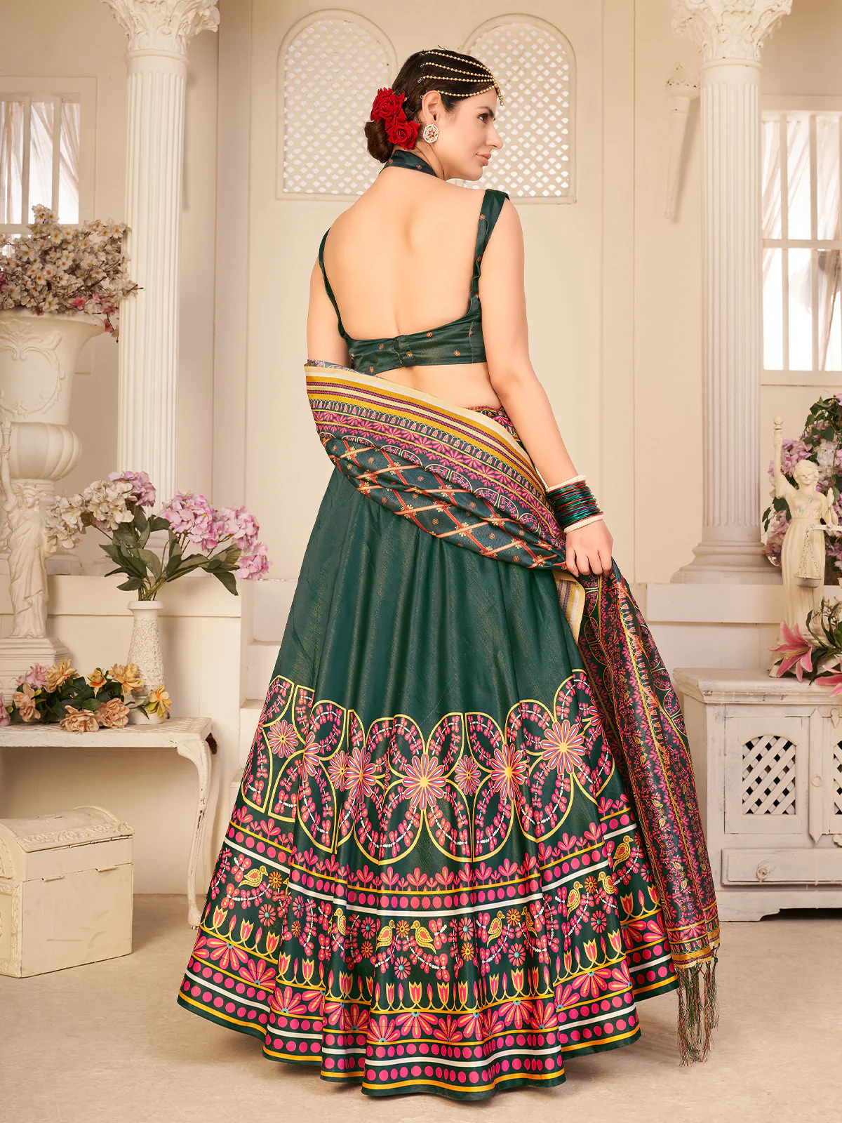 Odette Women Dark Green Semi Stitched Lehenga With  Unstitched Blouse - Image 4