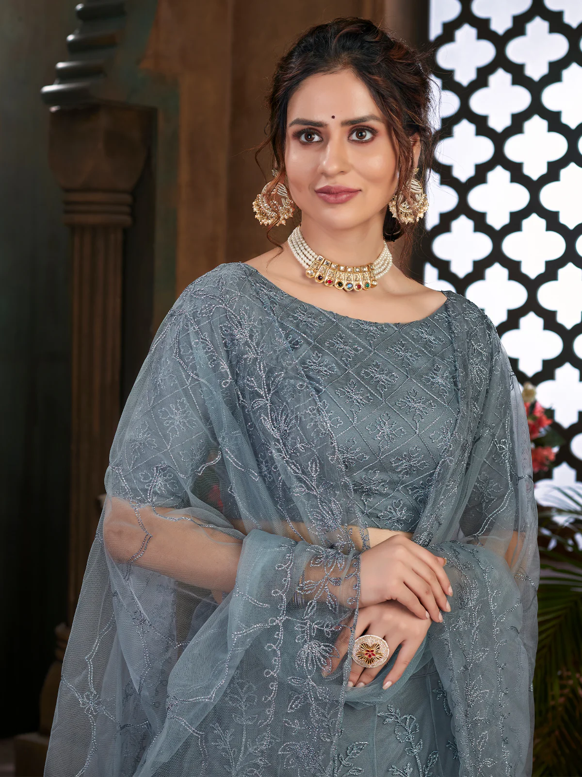 Odette Women Grey Semi Stitched Lehenga With  Unstitched Blouse - Image 2