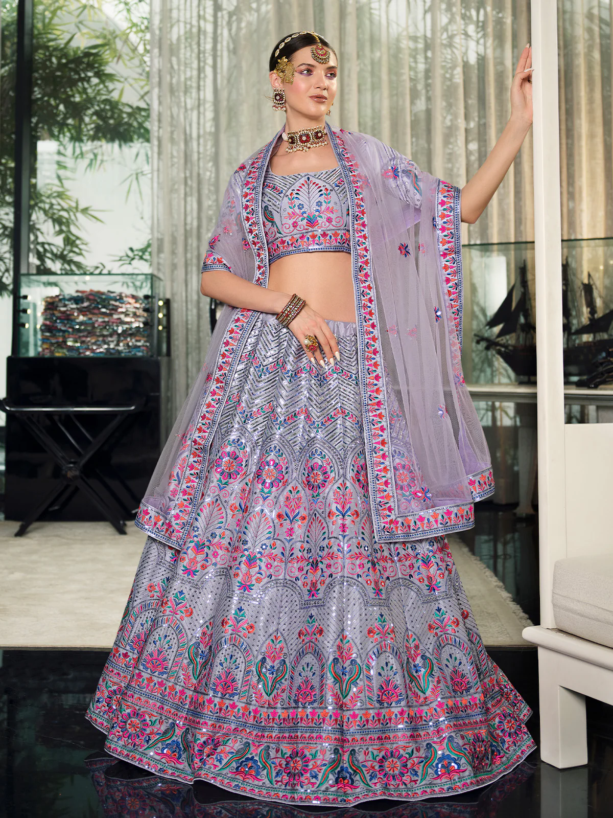 Odette Women Lavender Semi Stitched Lehenga With  Unstitched Blouse - Image 2