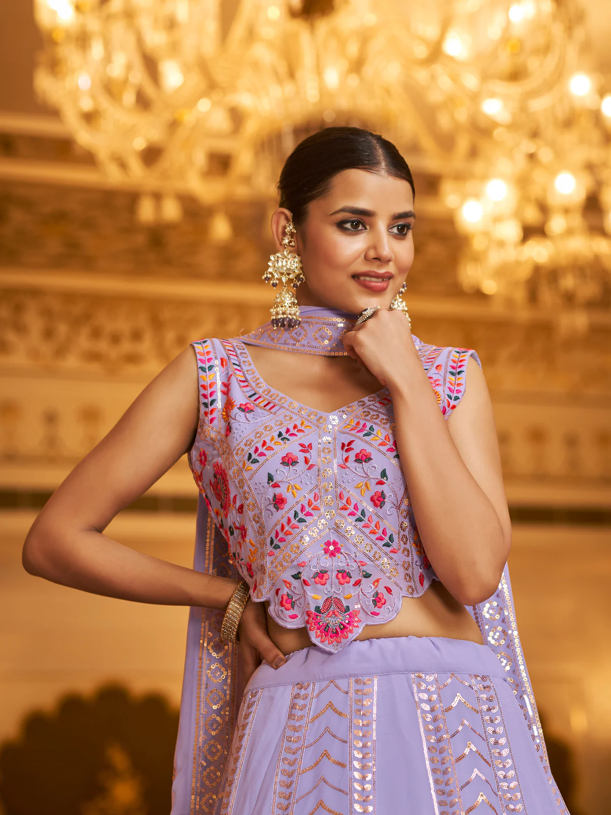 Odette Women Lavender Semi Stitched Lehenga With  Unstitched Blouse - Image 3