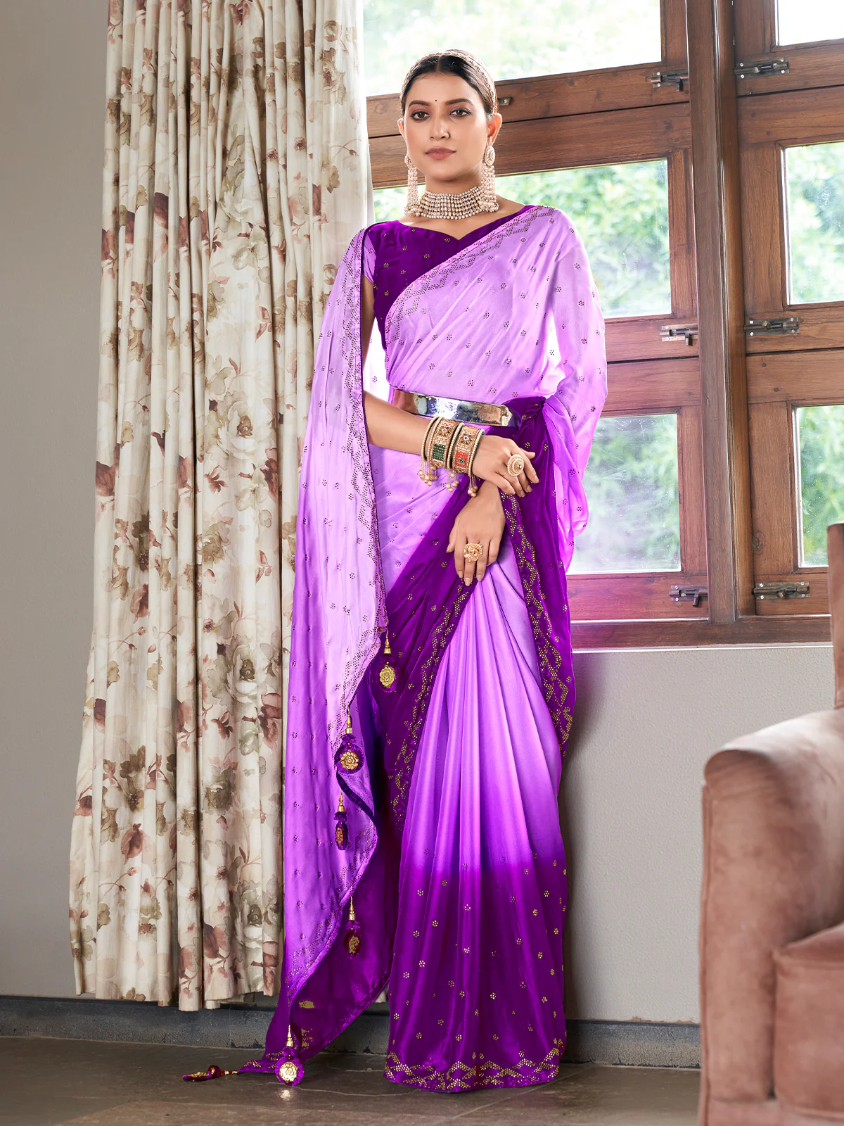 Odette Women Purple Saree With Unstitched Blouse - Image 2