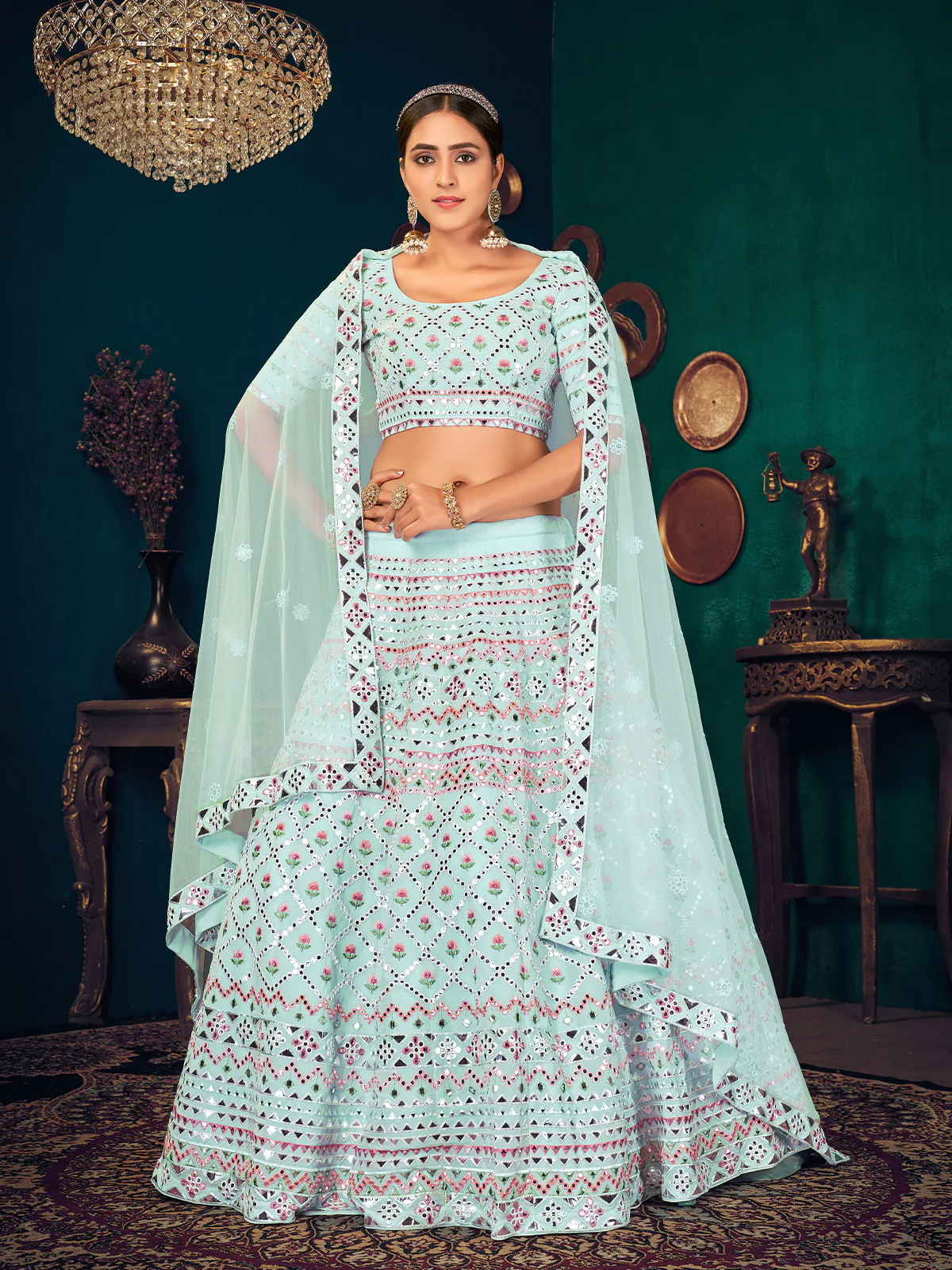 Odette Women Light Blue Semi Stitched Lehenga With  Unstitched Blouse - Image 2