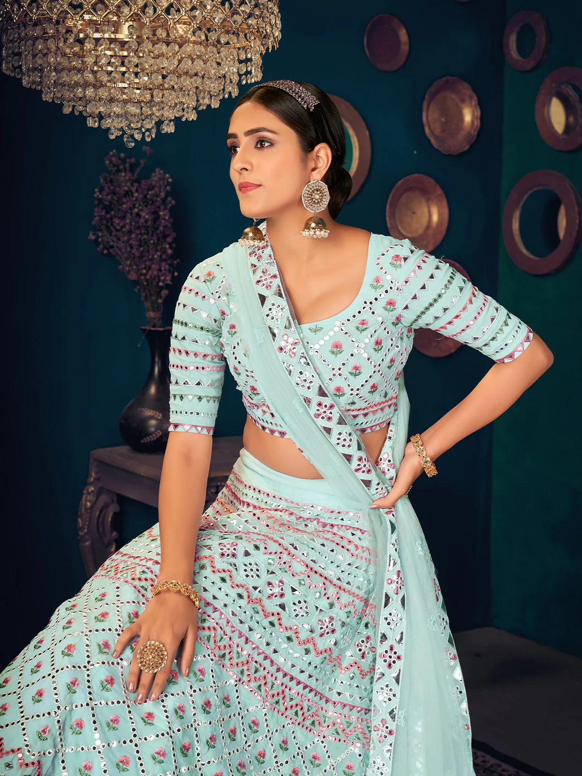 Odette Women Light Blue Semi Stitched Lehenga With  Unstitched Blouse - Image 3