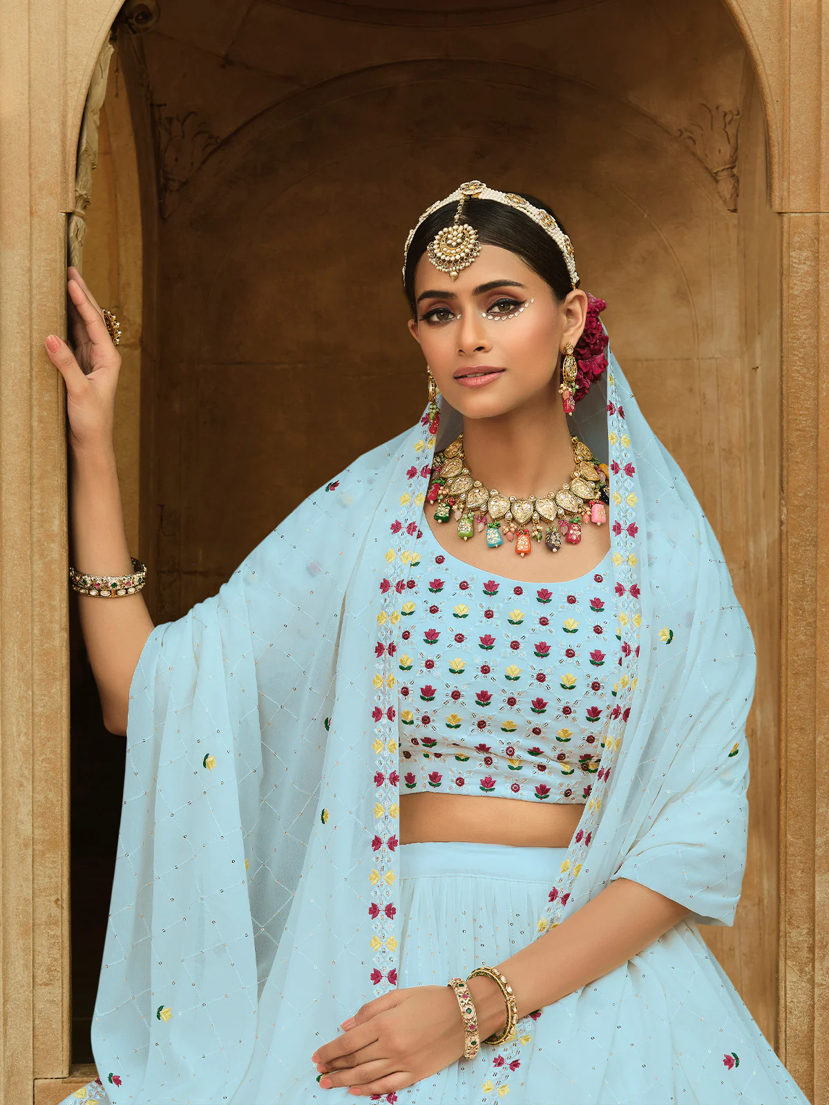 Odette Women Light Blue Semi Stitched Lehenga With  Unstitched Blouse - Image 2