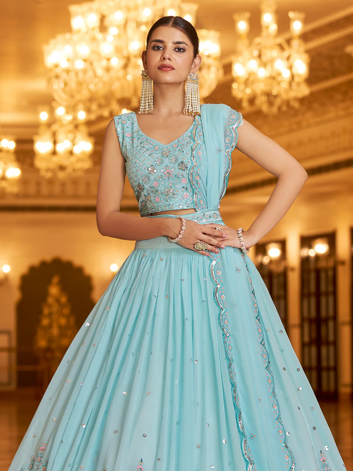 Odette Women Light Blue Semi Stitched Lehenga With  Unstitched Blouse - Image 4