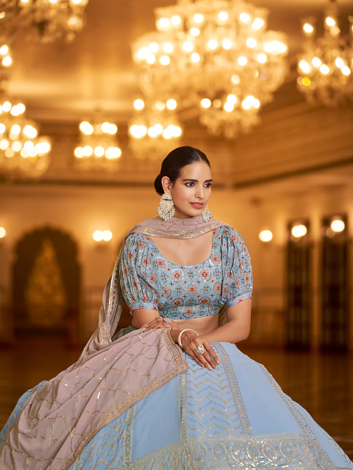 Odette Women Light Blue Semi Stitched Lehenga With  Unstitched Blouse - Image 3
