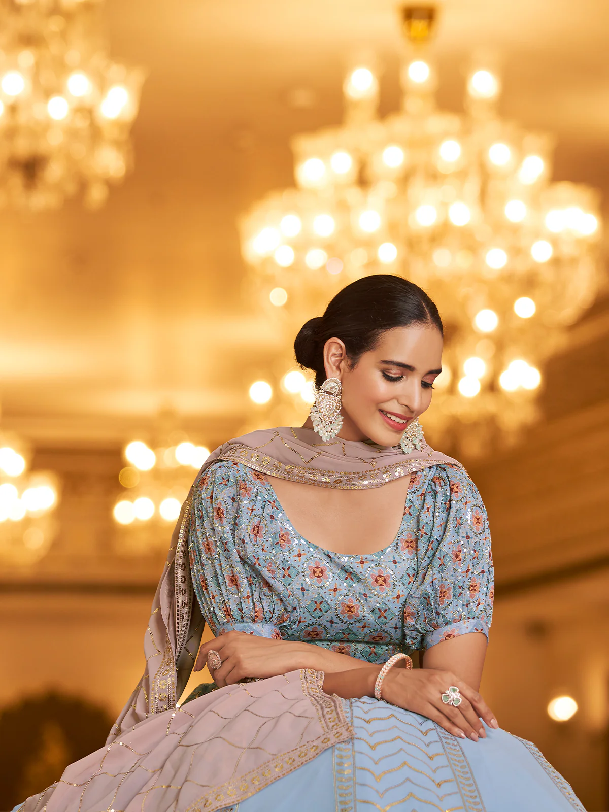 Odette Women Light Blue Semi Stitched Lehenga With  Unstitched Blouse - Image 4