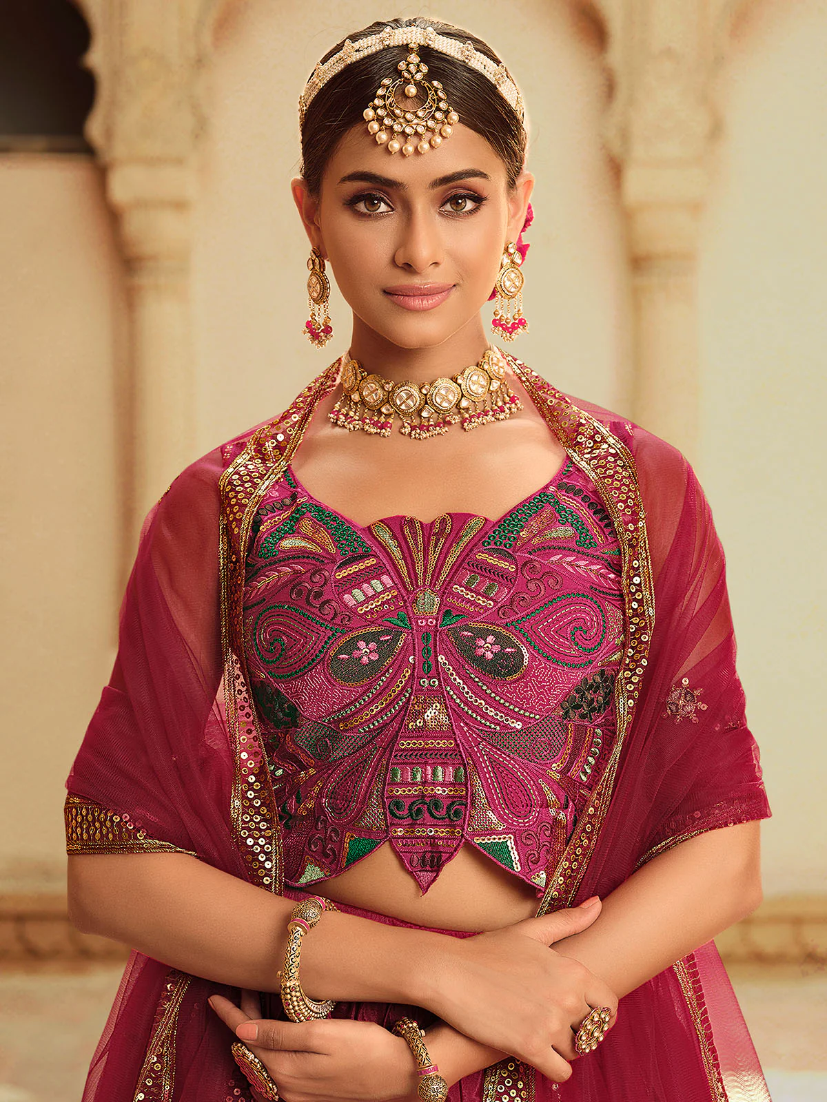 Odette Women Magenta Semi Stitched Lehenga With  Unstitched Blouse - Image 3