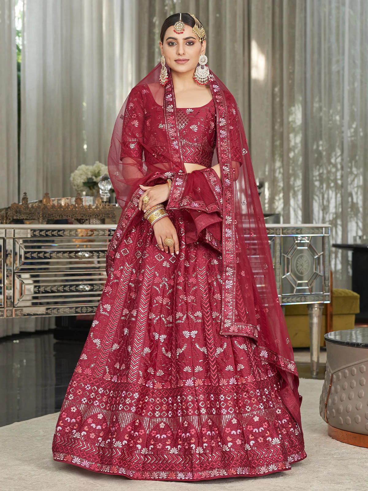 Odette Women Maroon Semi Stitched Lehenga With  Unstitched Blouse - Image 3