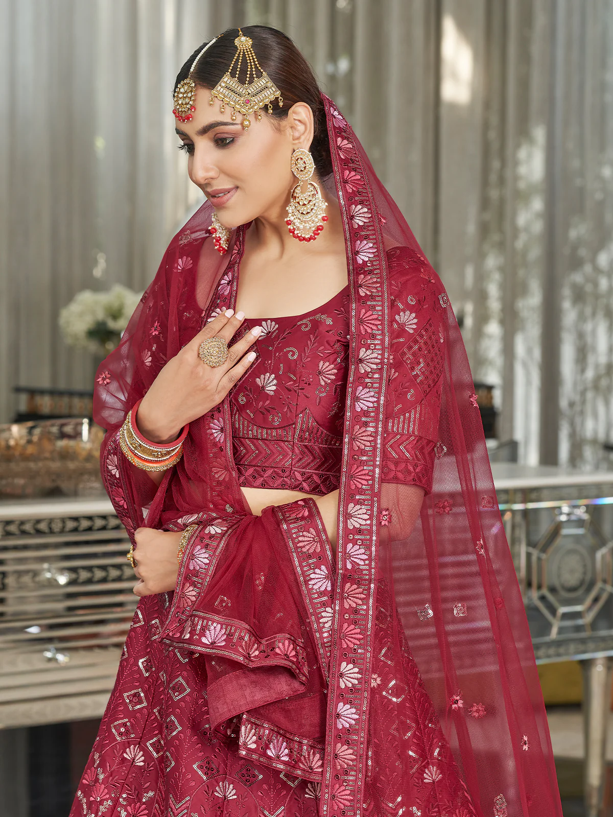 Odette Women Maroon Semi Stitched Lehenga With  Unstitched Blouse - Image 4
