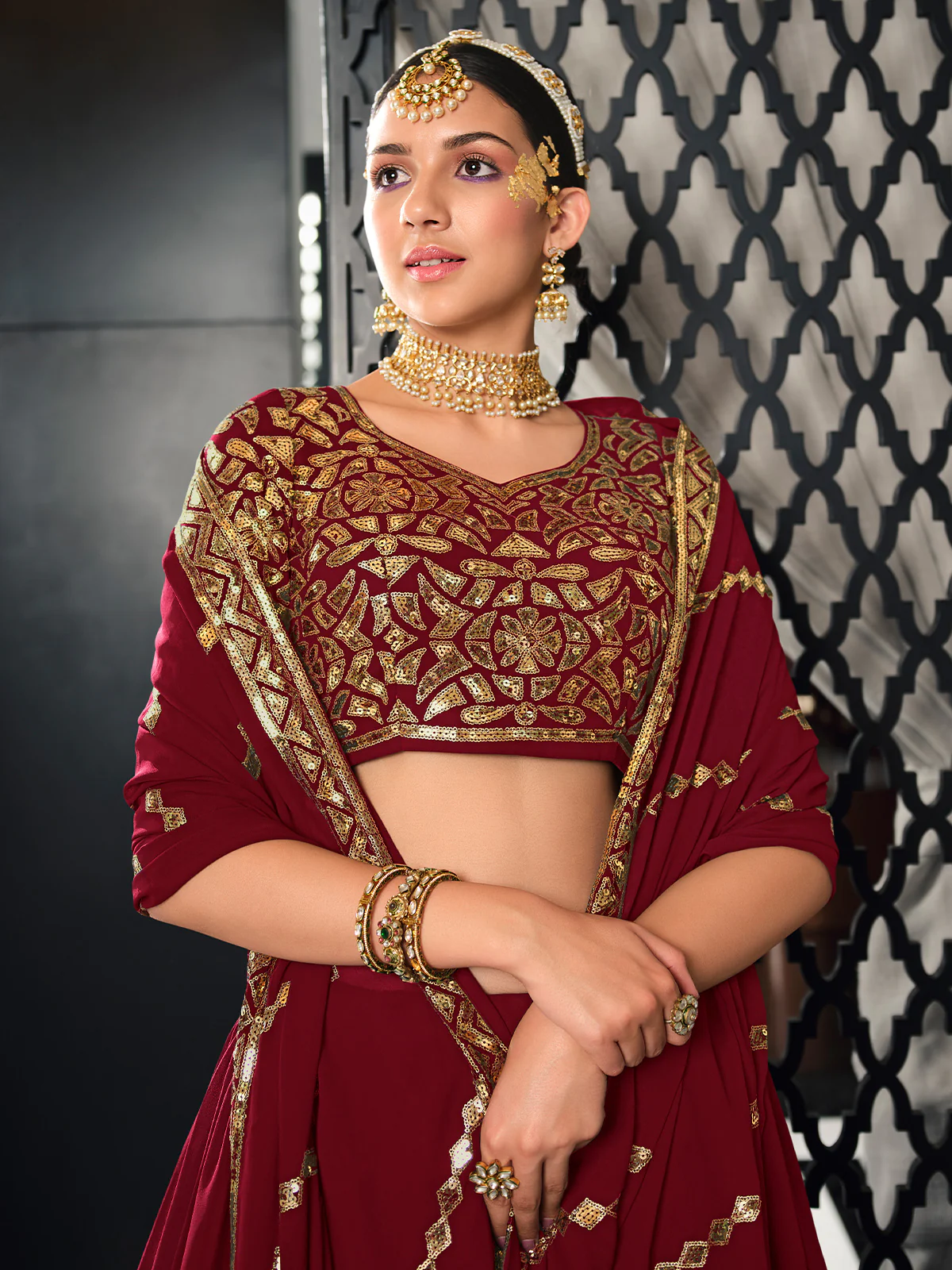 Odette Women Maroon Semi Stitched Lehenga With  Unstitched Blouse - Image 2