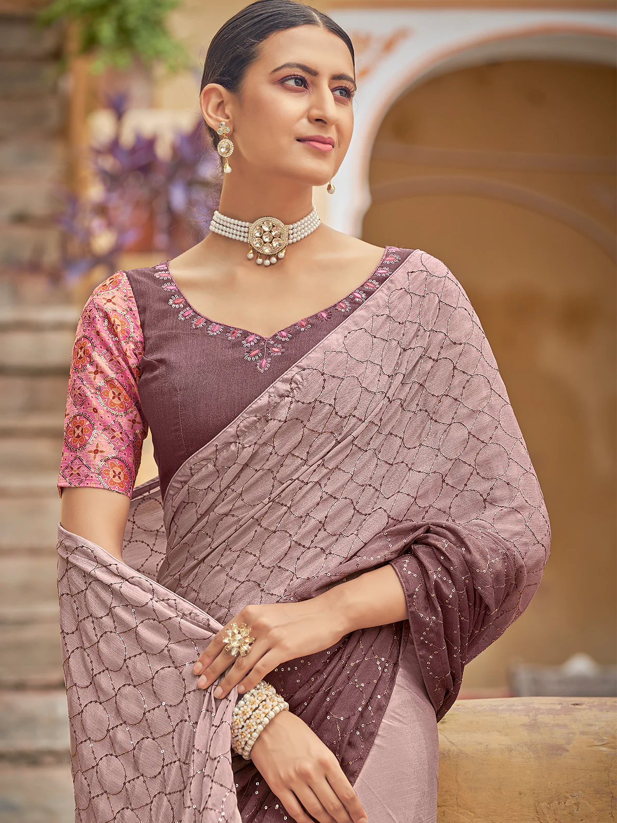 Odette Women Festive Designer Mauve Saree With Unstitched Blouse - Image 3