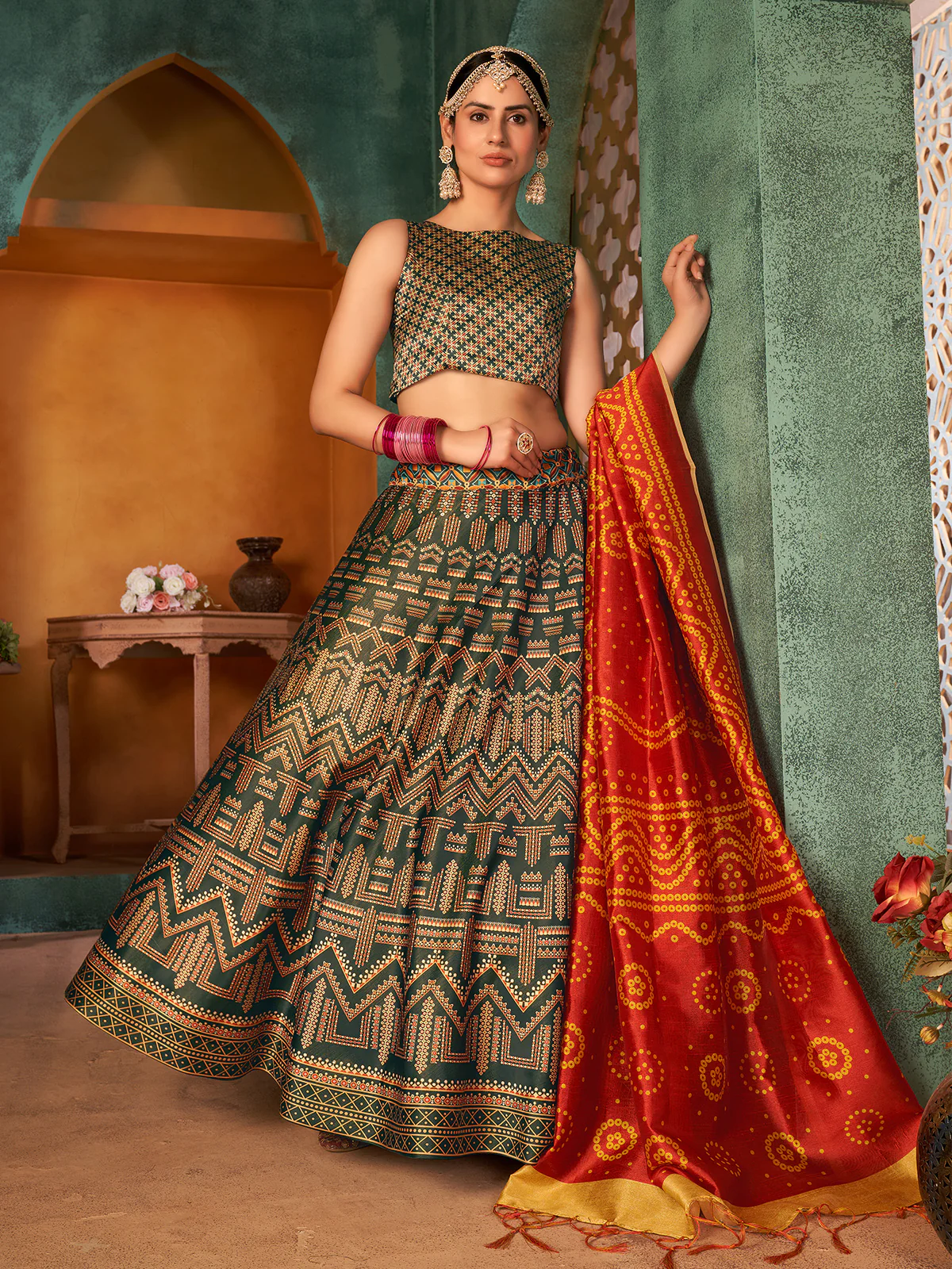 Odette Women Olive Green Semi Stitched Lehenga With  Unstitched Blouse - Image 4
