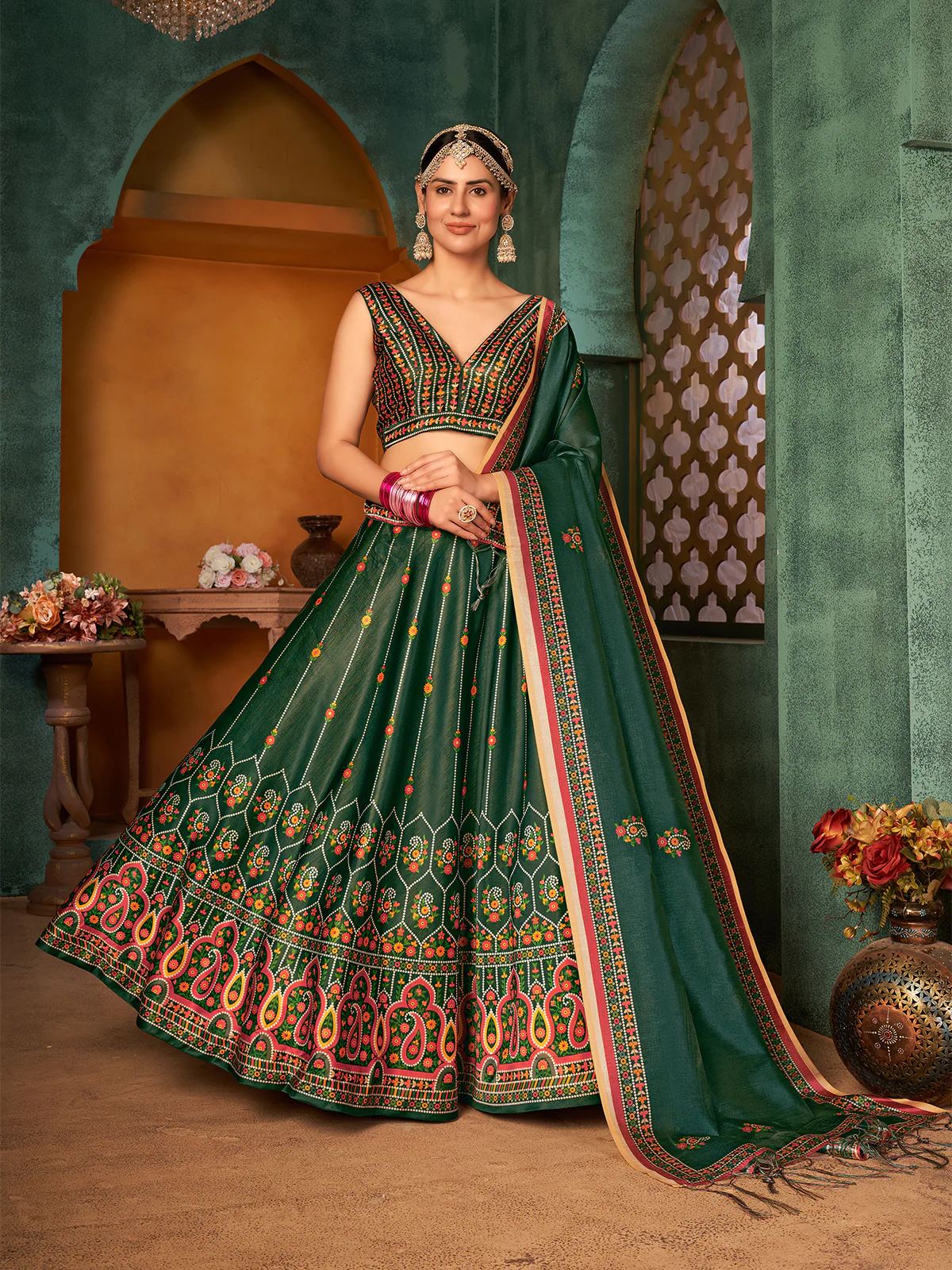 Odette Women Dark Green Semi Stitched Lehenga With  Unstitched Blouse - Image 2