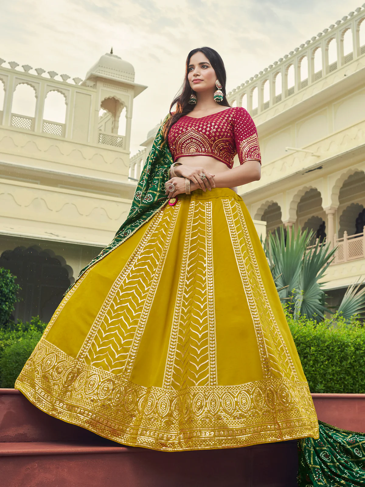 Odette Women Mustard Semi Stitched Lehenga With  Unstitched Blouse - Image 2