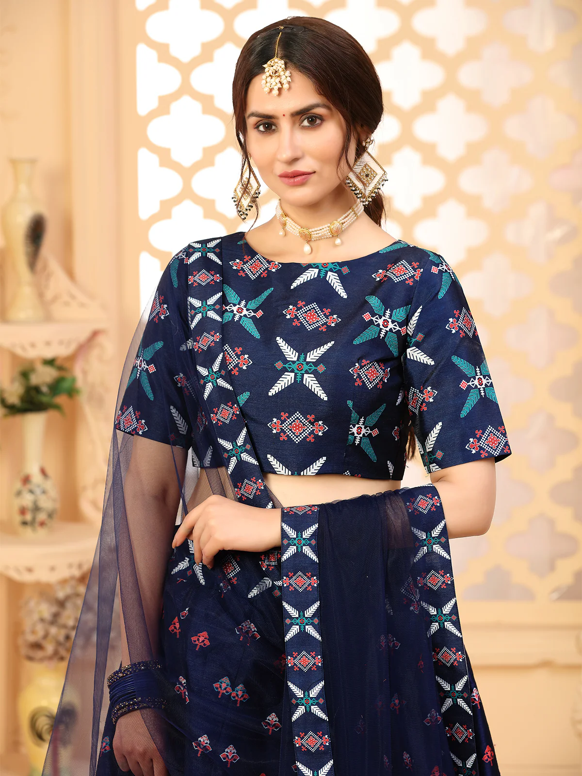 Odette Women Navy Blue Semi Stitched Lehenga With  Unstitched Blouse - Image 3