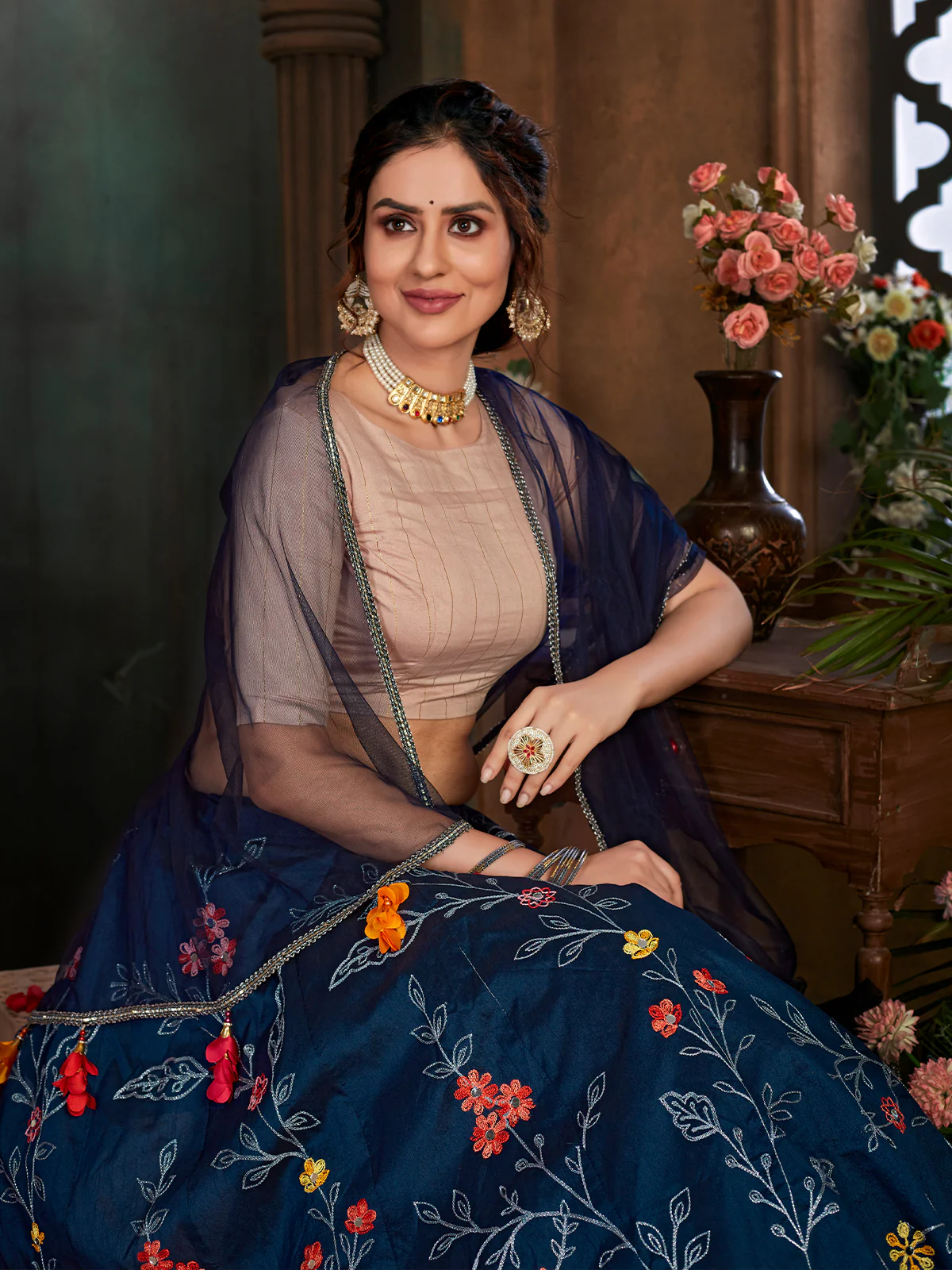 Odette Women Navy Blue Semi Stitched Lehenga With  Unstitched Blouse - Image 2