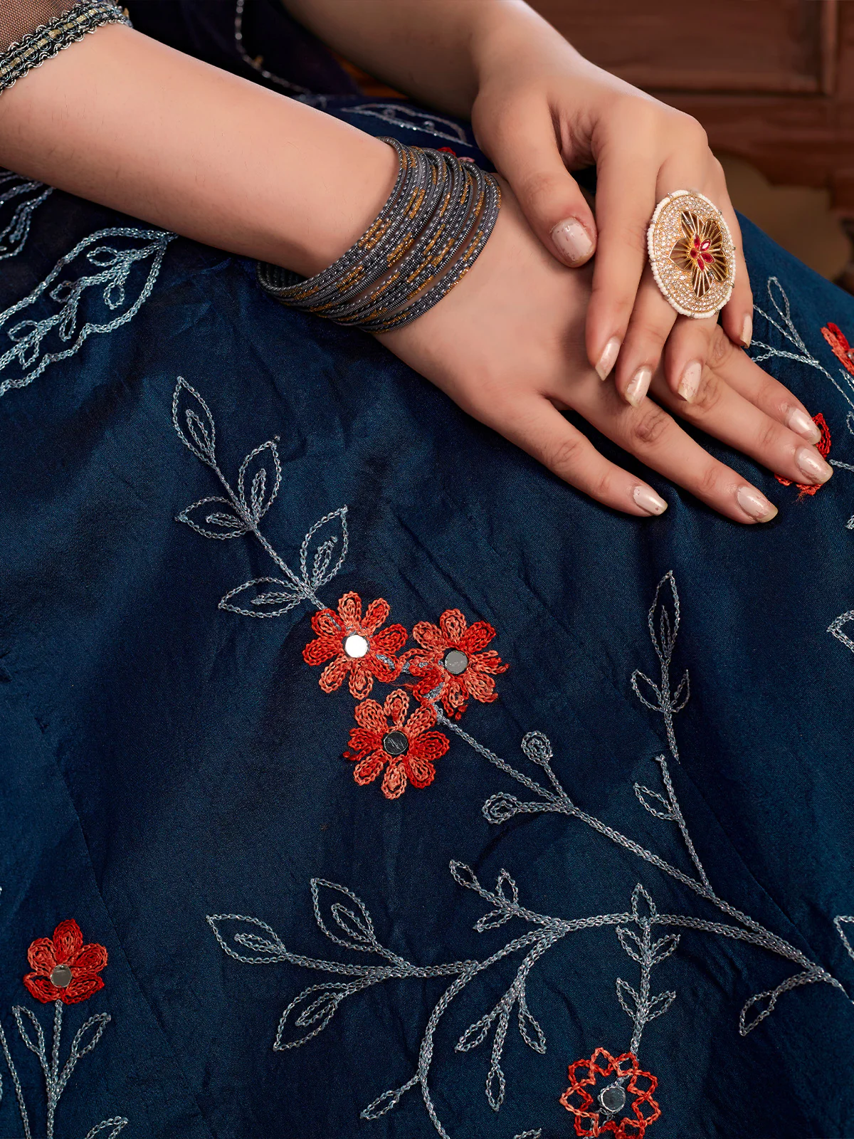 Odette Women Navy Blue Semi Stitched Lehenga With  Unstitched Blouse - Image 3