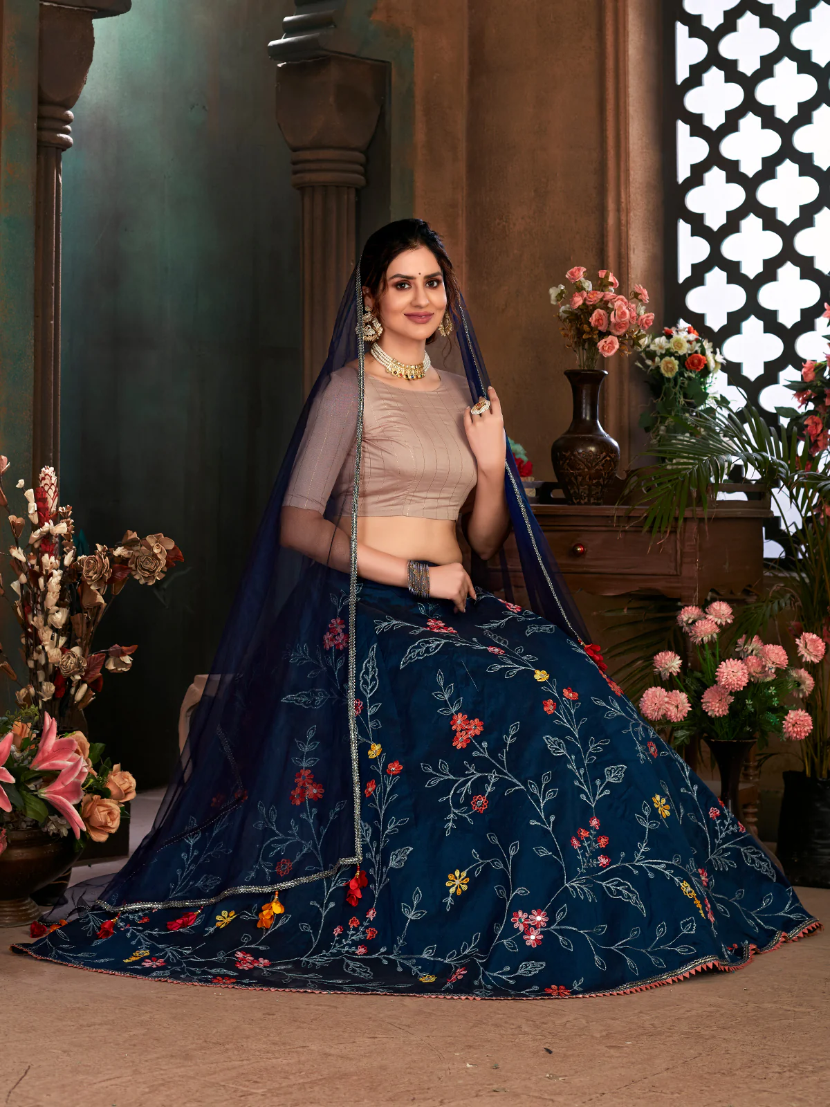 Odette Women Navy Blue Semi Stitched Lehenga With  Unstitched Blouse - Image 4