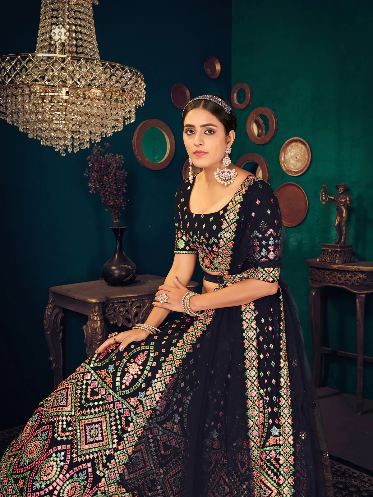 Odette Women Navy Blue Semi Stitched Lehenga With  Unstitched Blouse - Image 2