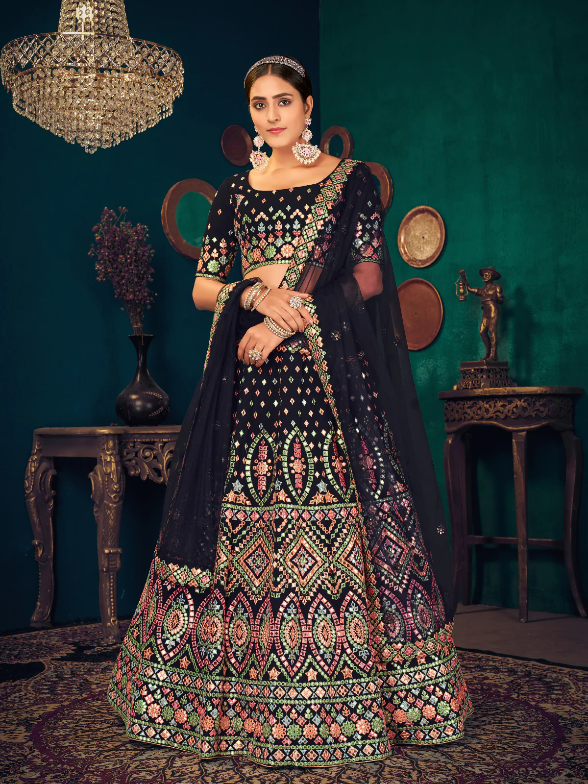 Odette Women Navy Blue Semi Stitched Lehenga With  Unstitched Blouse - Image 3