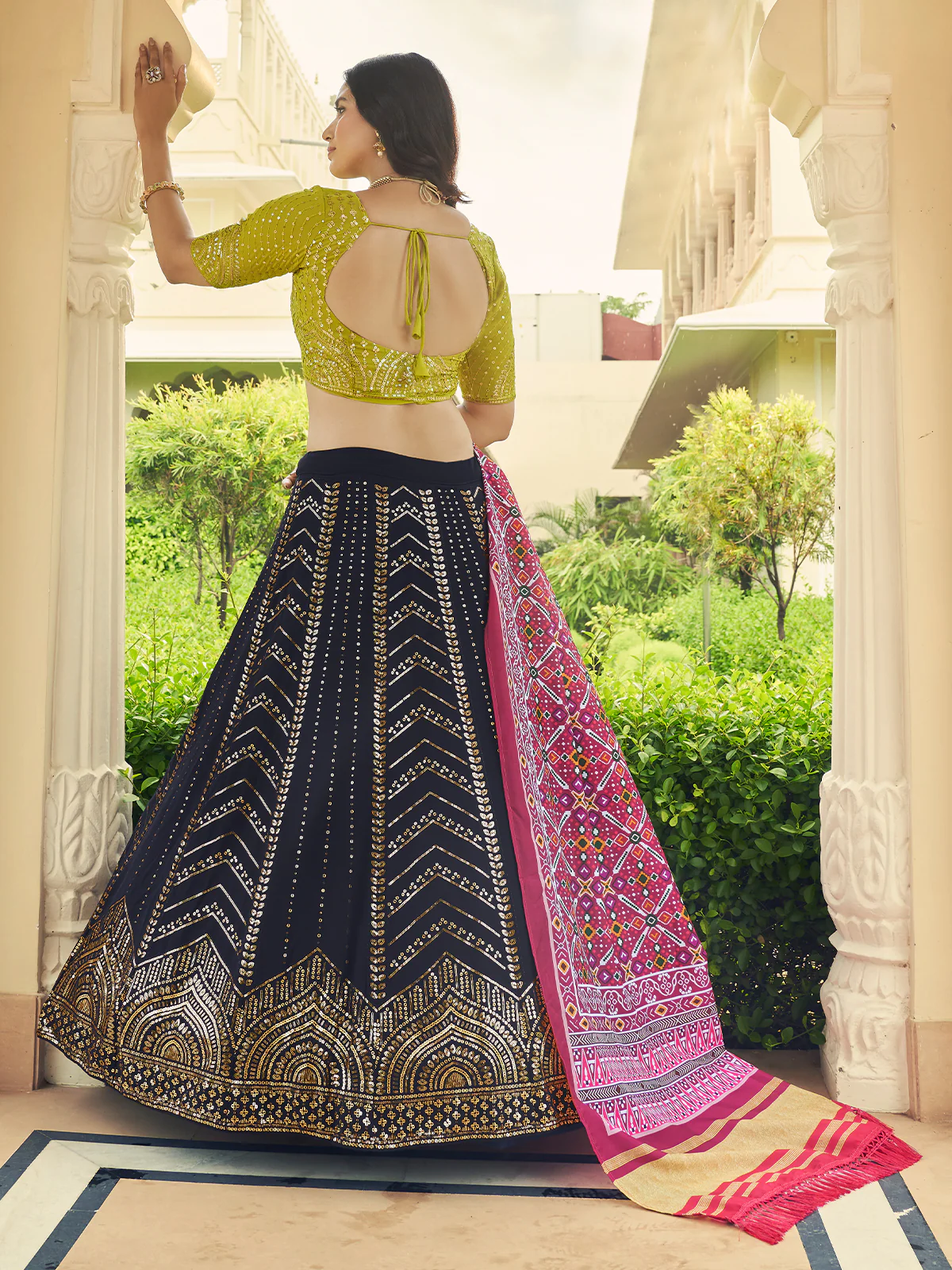 Odette Women Festive Designer Navy Blue Semi Stitched Lehenga With Unstitched Blouse - Image 2