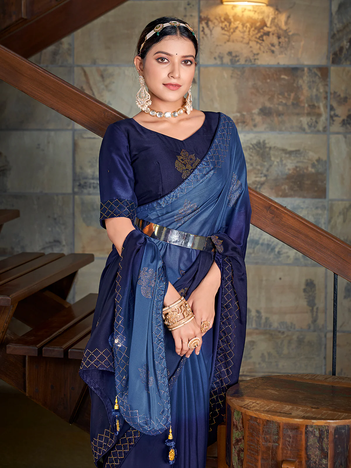 Odette Women Festive Designer Dark Blue Saree With Unstitched Blouse - Image 2