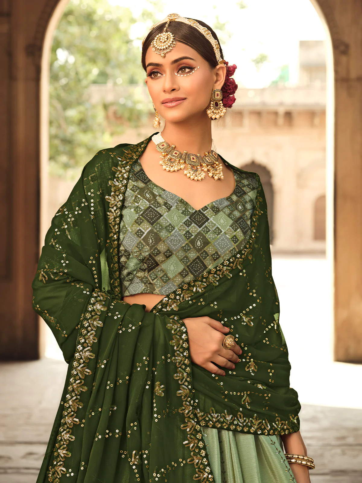 Odette Women Olive Semi Stitched Lehenga With  Unstitched Blouse - Image 3