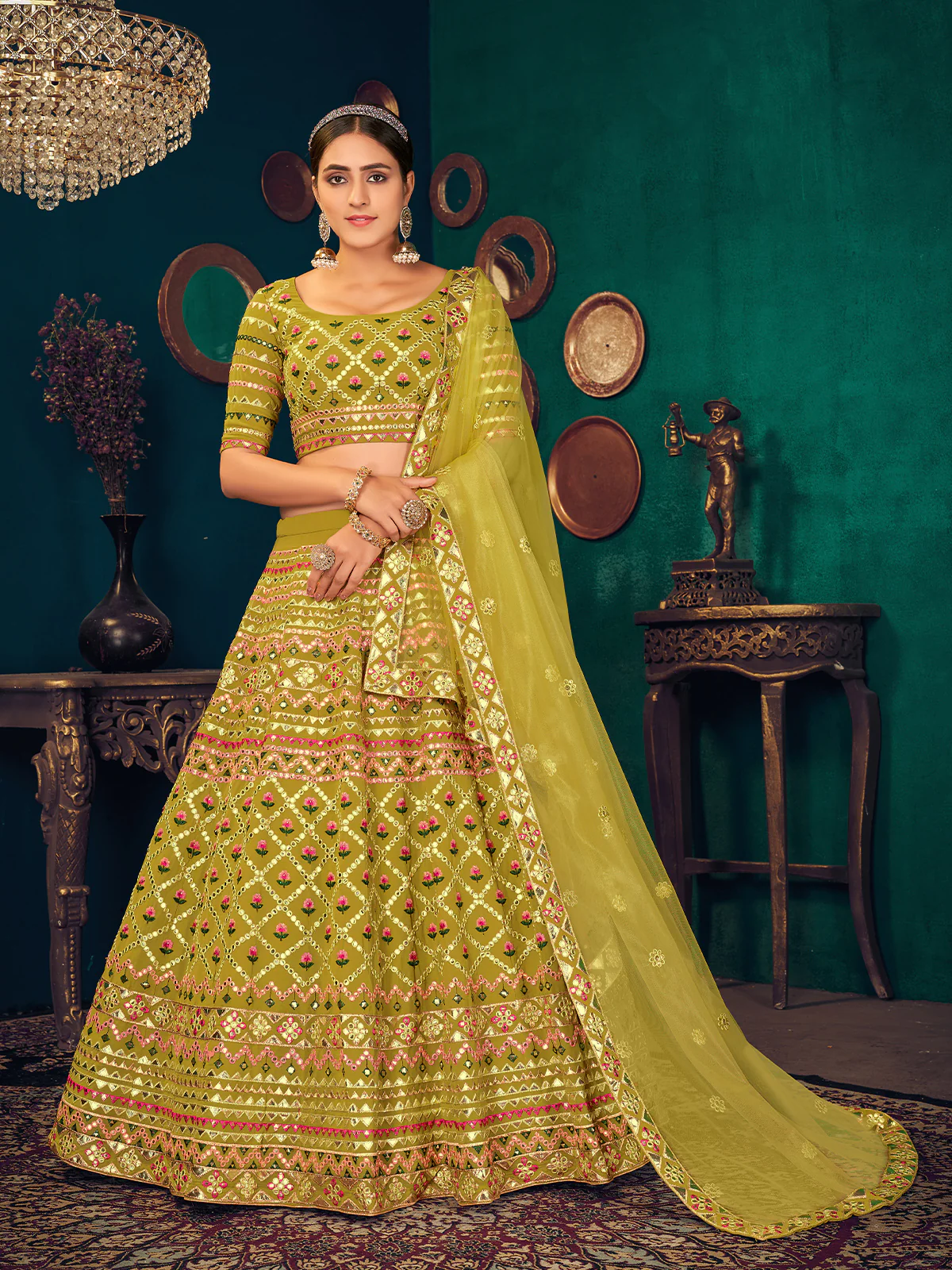 Odette Women Olive Semi Stitched Lehenga With  Unstitched Blouse - Image 2