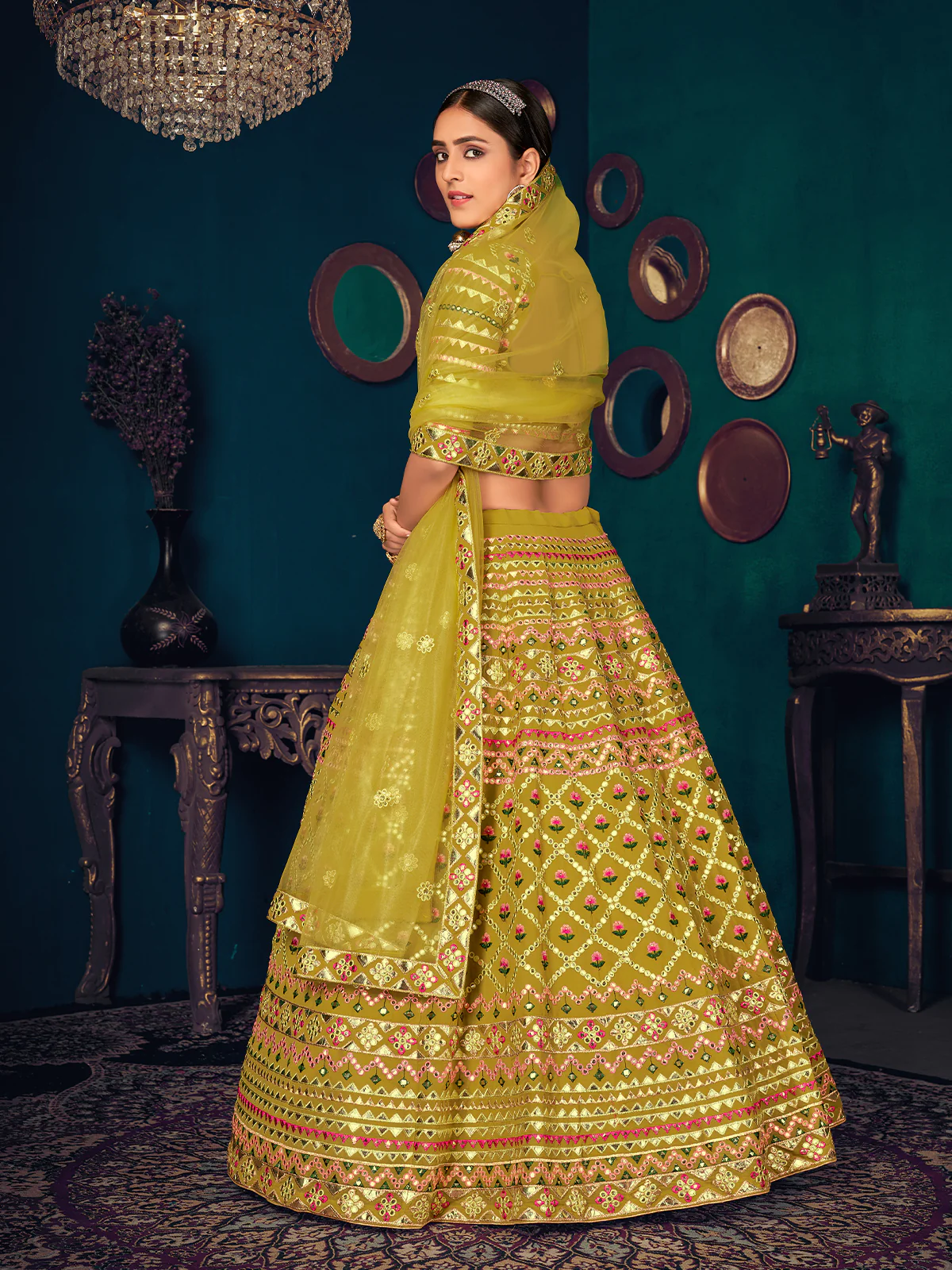 Odette Women Olive Semi Stitched Lehenga With  Unstitched Blouse - Image 4